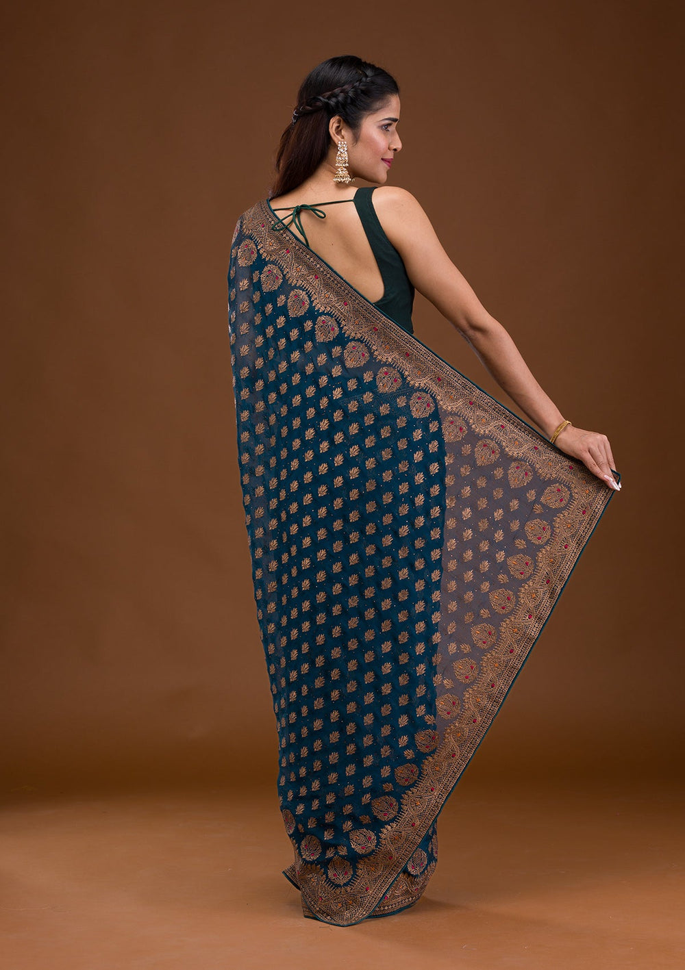 Peacock Blue Zariwork Georgette Saree-Koskii