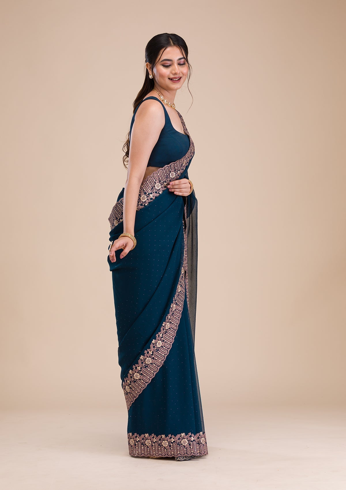 Peacock Blue Zariwork Georgette Saree-Koskii