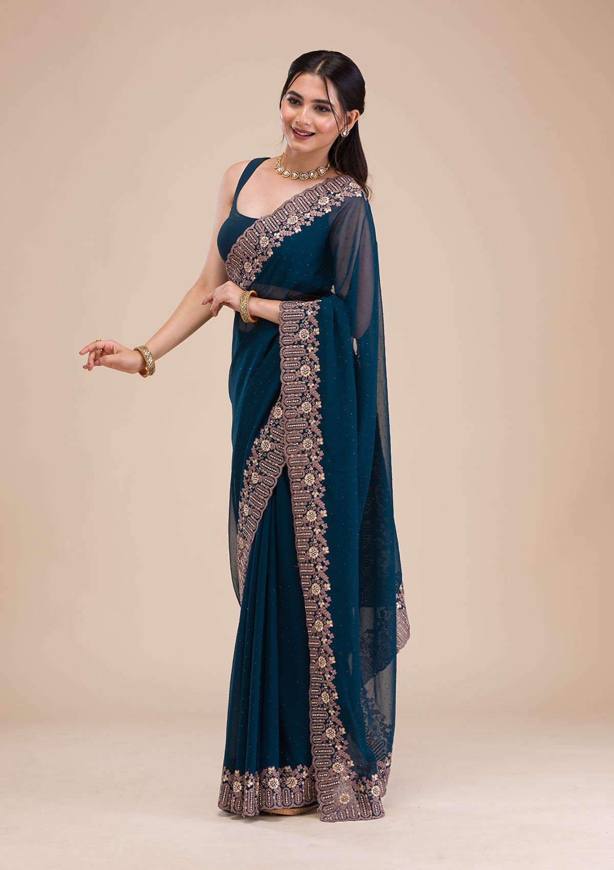 Peacock Blue Zariwork Georgette Saree-Koskii