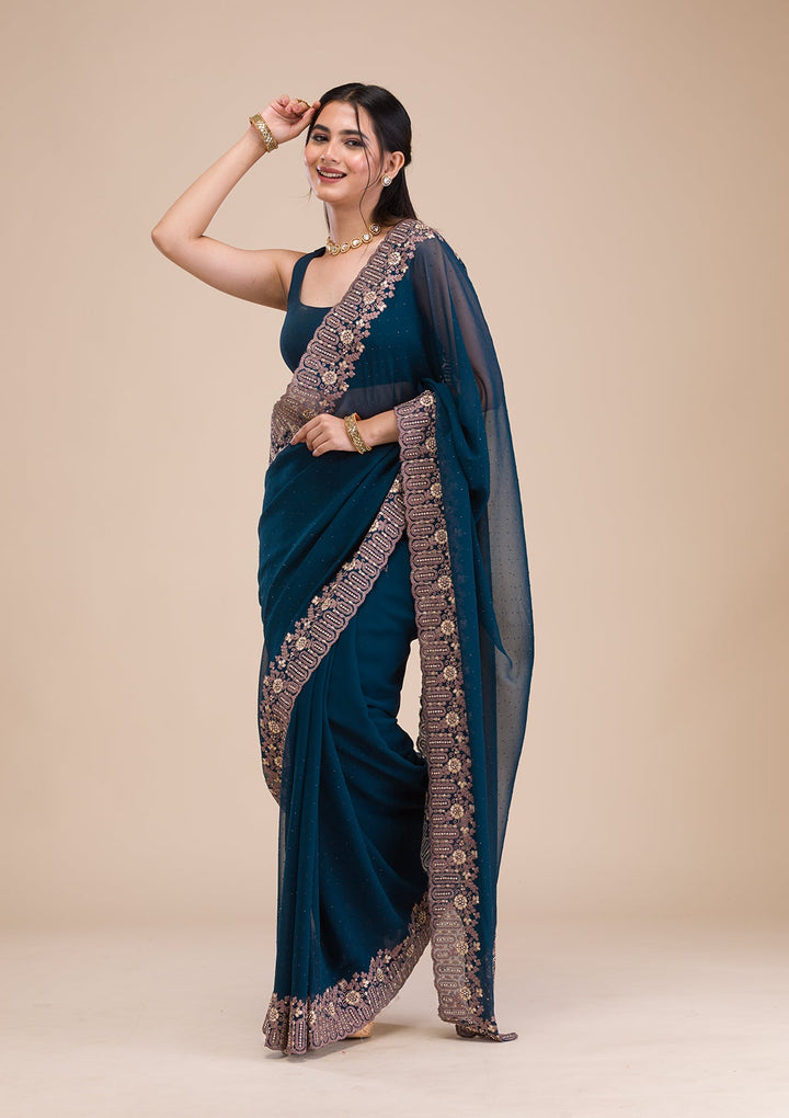 Peacock Blue Zariwork Georgette Saree-Koskii