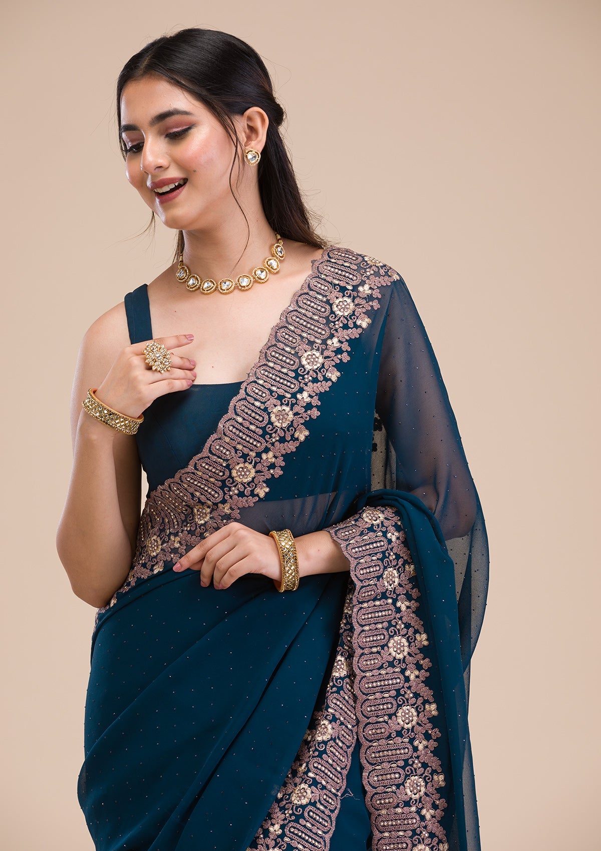 Peacock Blue Zariwork Georgette Saree-Koskii