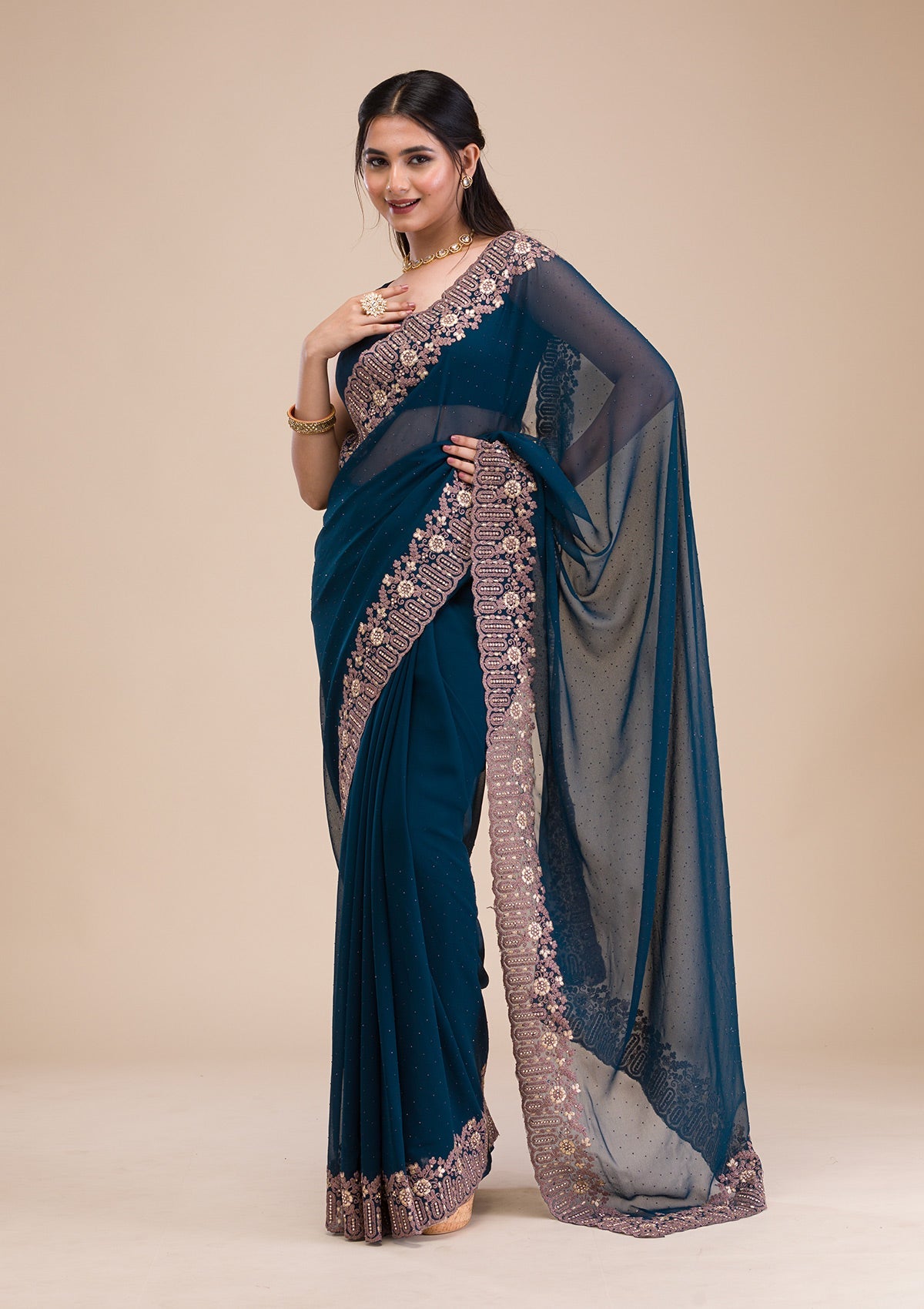 Peacock Blue Zariwork Georgette Saree-Koskii