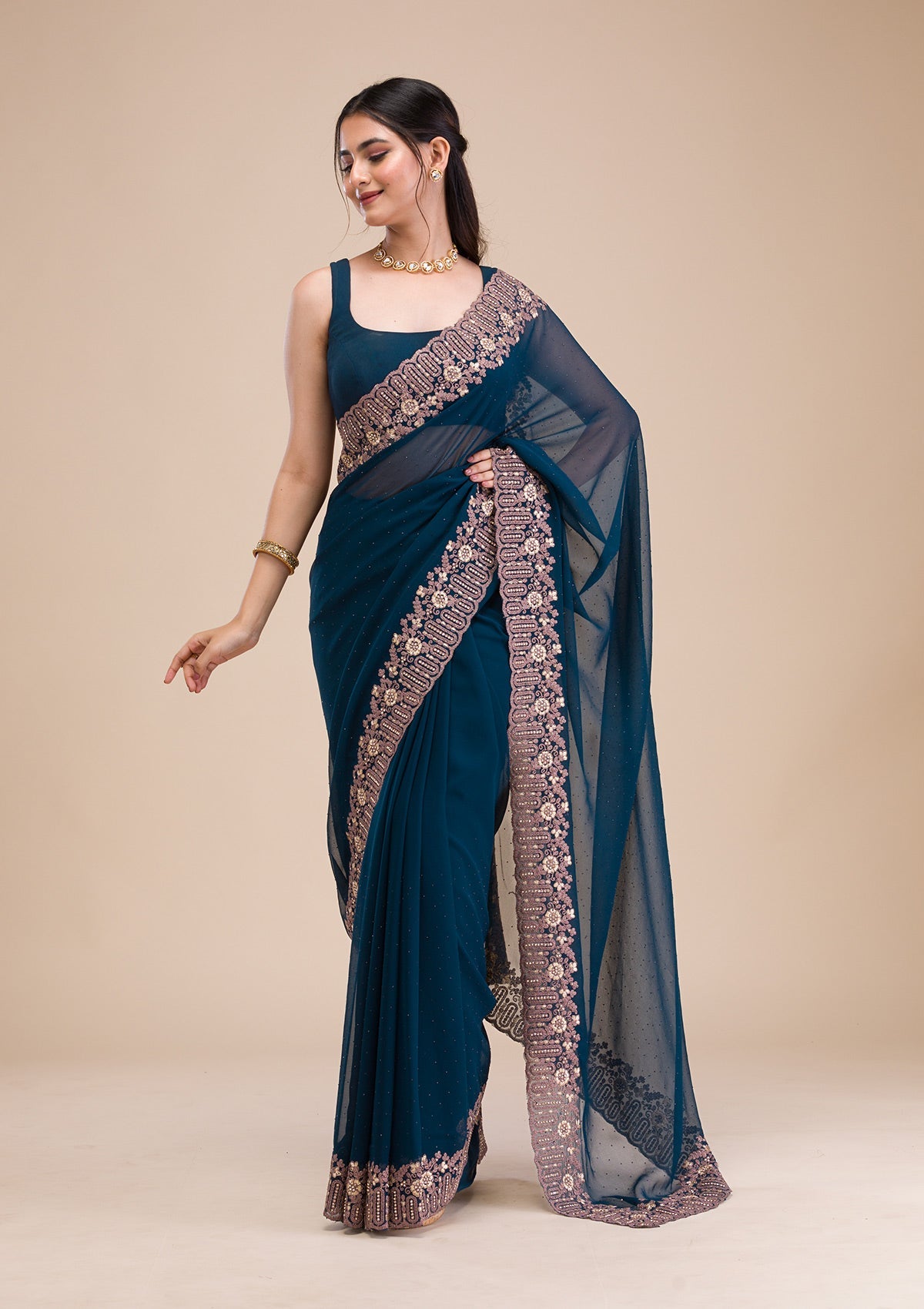 Peacock Blue Zariwork Georgette Saree-Koskii