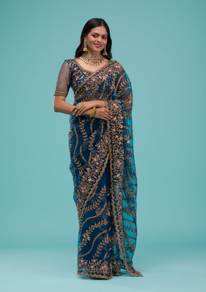Peacock Blue Zariwork Net Saree-Koskii