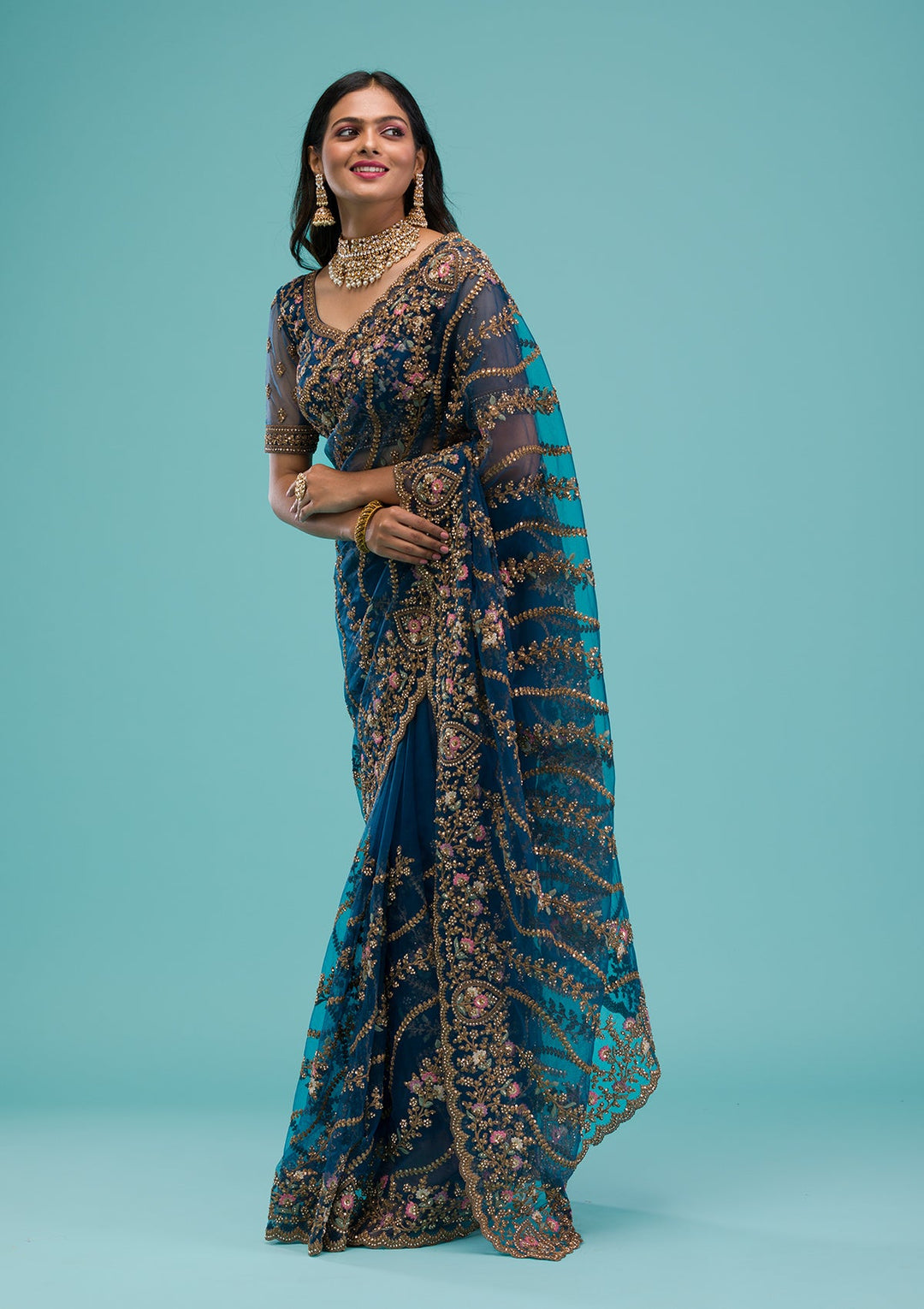 Peacock Blue Zariwork Net Saree-Koskii