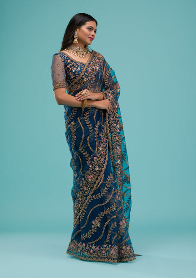 Peacock Blue Zariwork Net Saree-Koskii