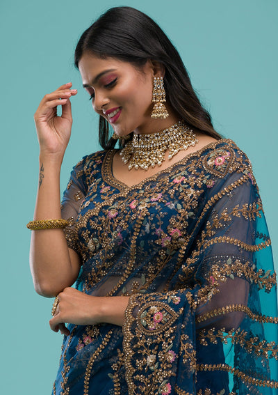 Peacock Blue Zariwork Net Saree-Koskii