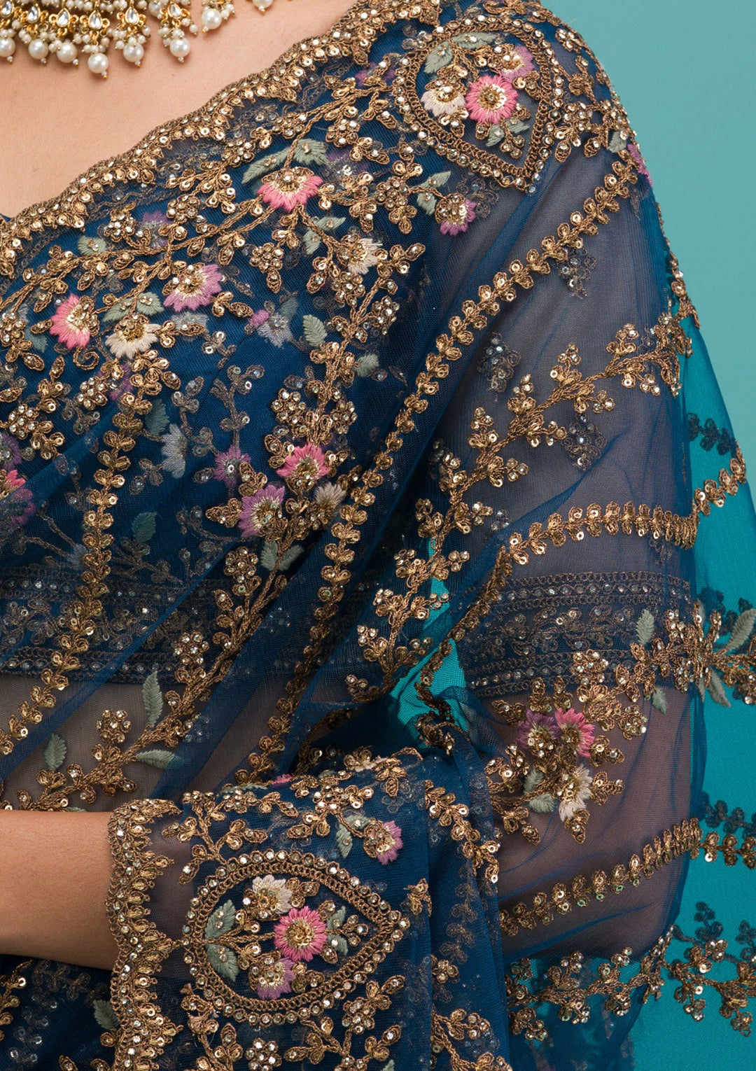 Peacock Blue Zariwork Net Saree-Koskii