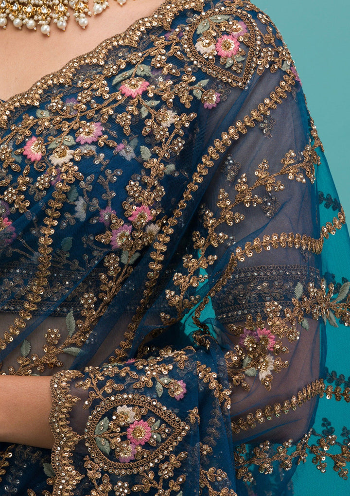 Peacock Blue Zariwork Net Saree-Koskii
