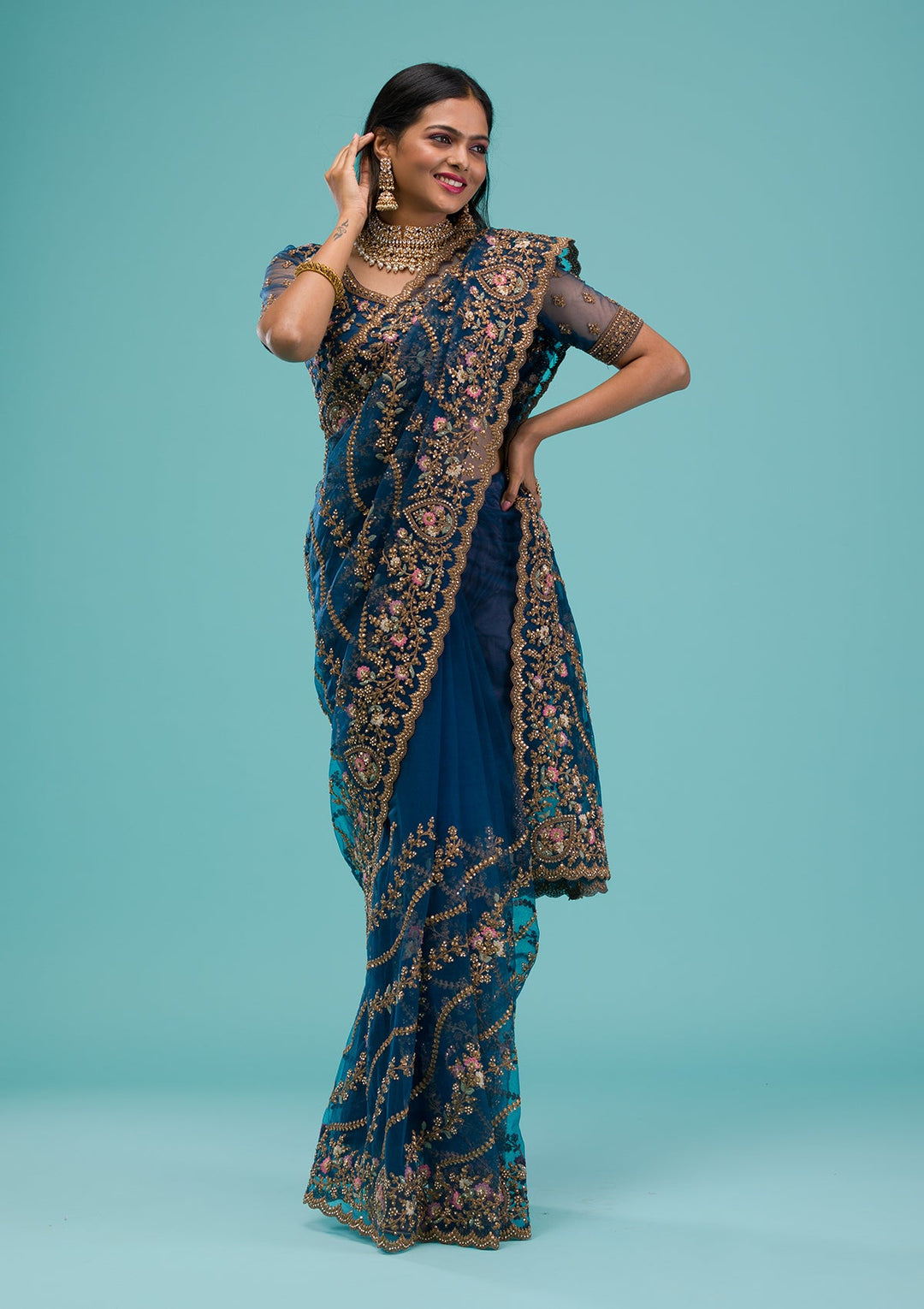 Peacock Blue Zariwork Net Saree-Koskii