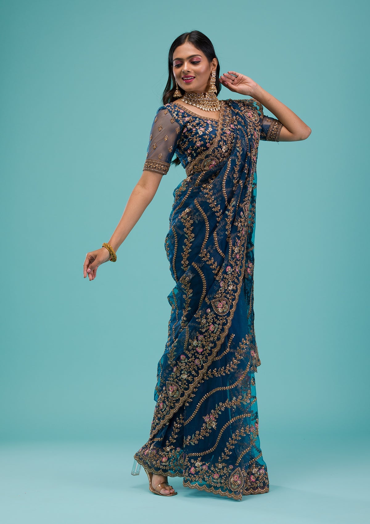 Peacock Blue Zariwork Net Saree-Koskii