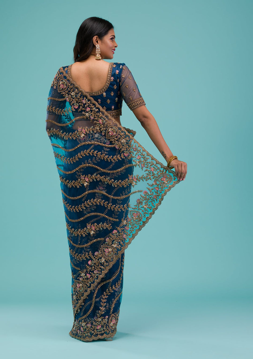 Peacock Blue Zariwork Net Saree-Koskii