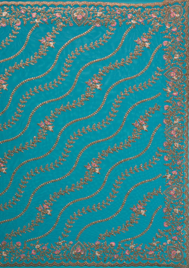 Peacock Blue Zariwork Net Saree-Koskii