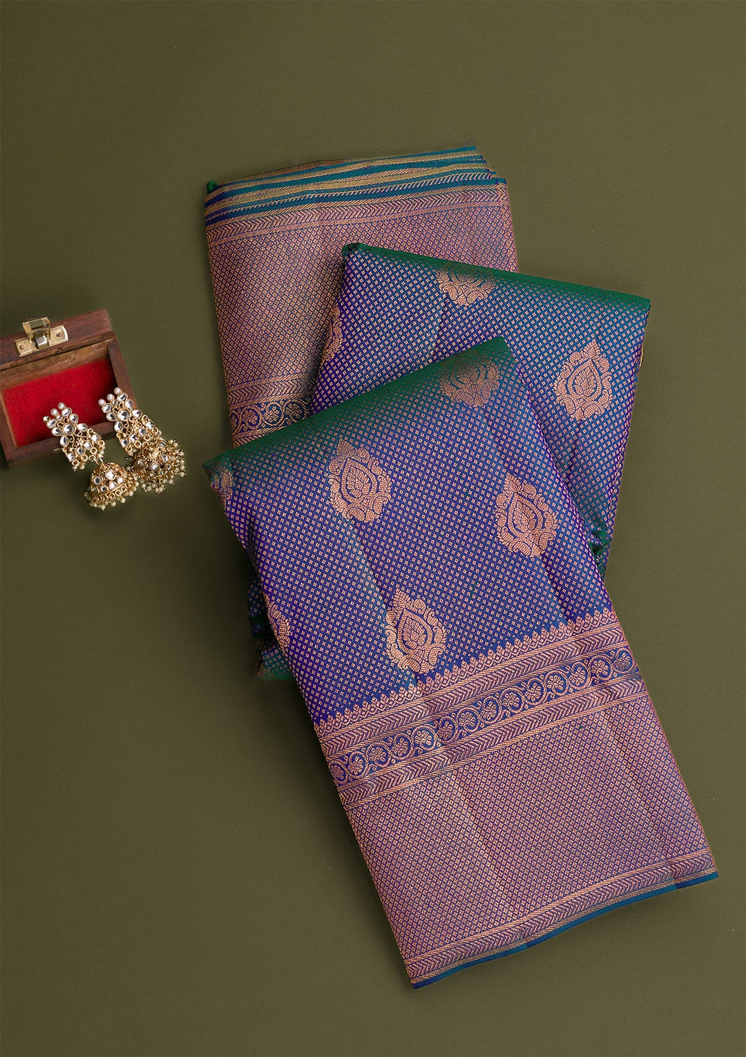 Peacock Blue Copper Zariwork Pure Silk Saree - Koskii