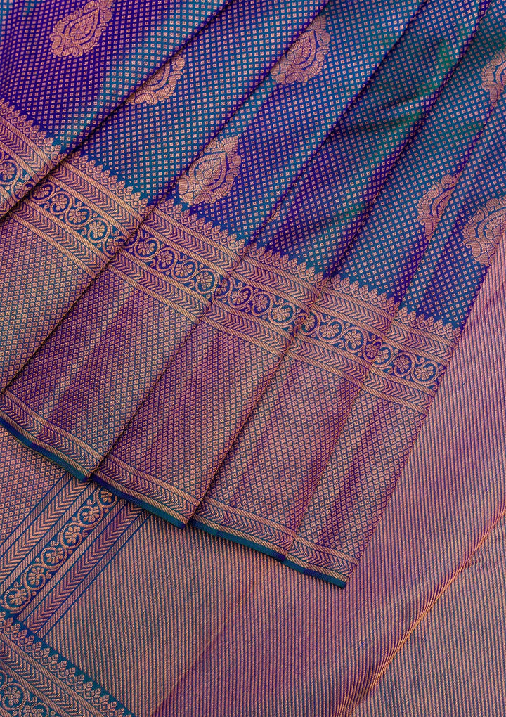 Peacock Blue Copper Zariwork Pure Silk Saree - Koskii