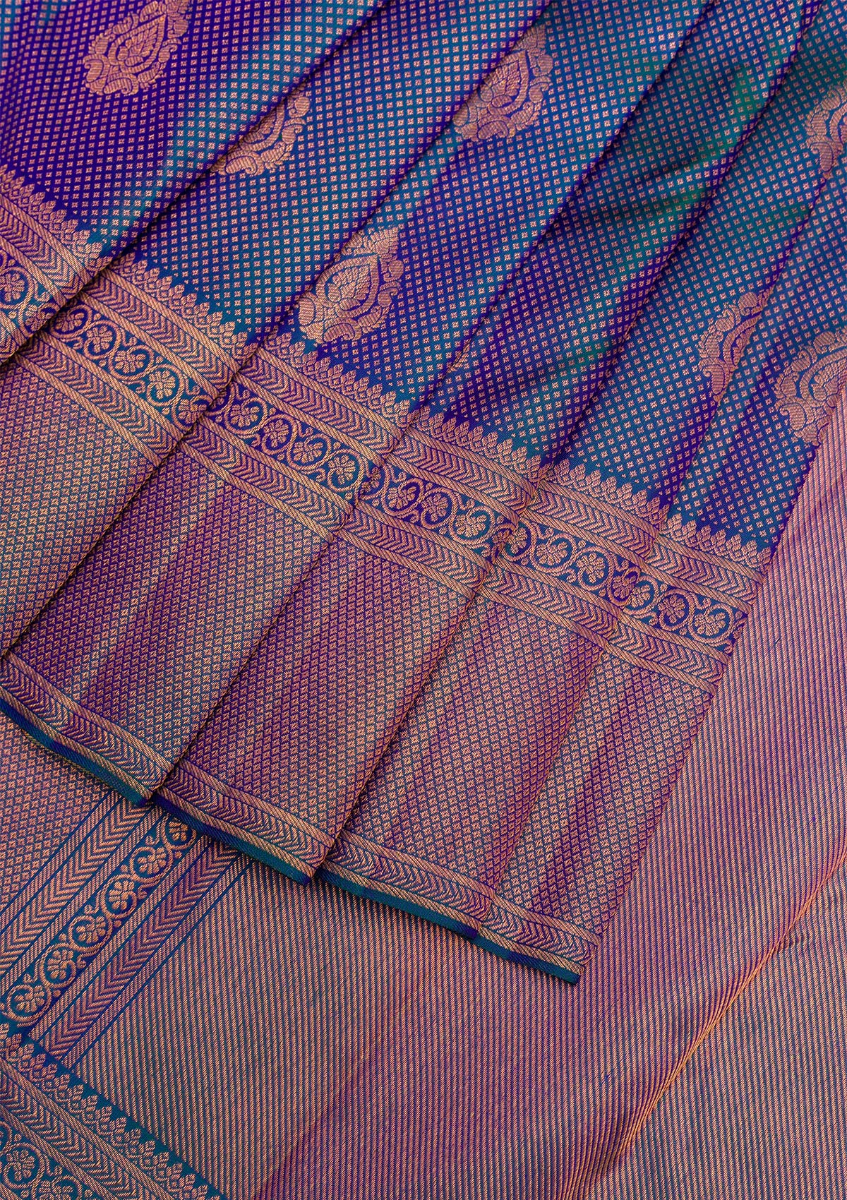 Peacock Blue Copper Zariwork Pure Silk Saree - Koskii