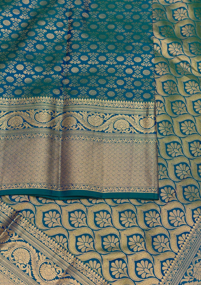 Peacock Blue Zariwork Pure Silk Saree-Koskii