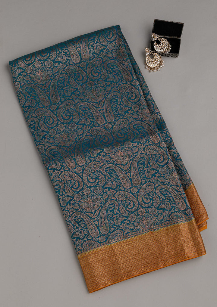 Peacock Blue Zariwork Pure Silk Saree-Koskii