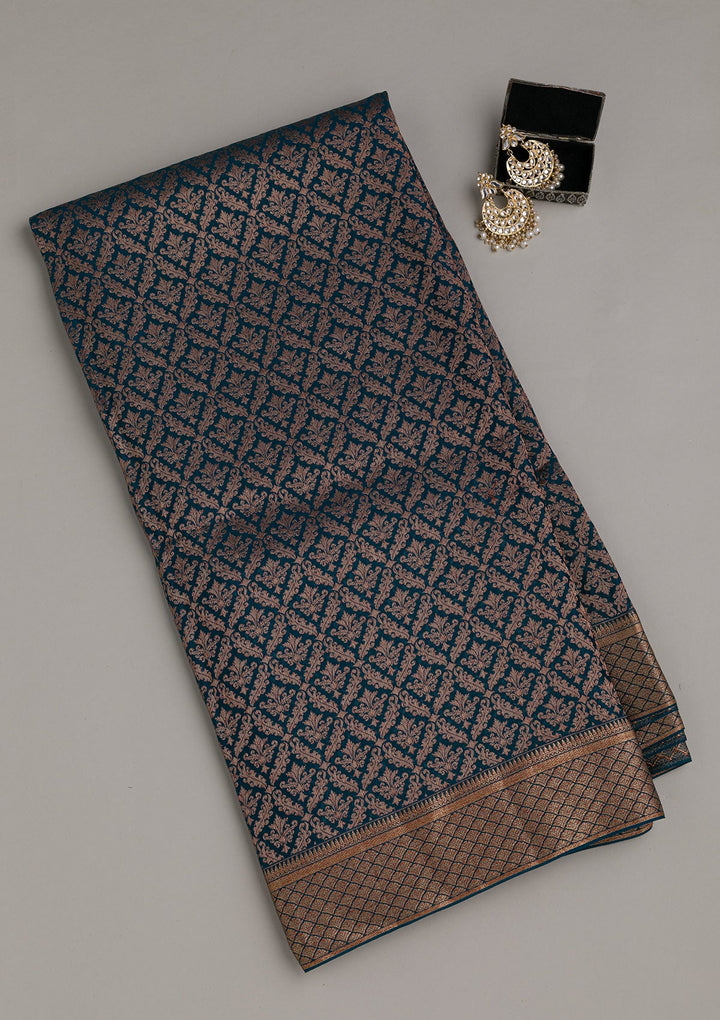 Peacock Blue Zariwork Pure Silk Saree-Koskii