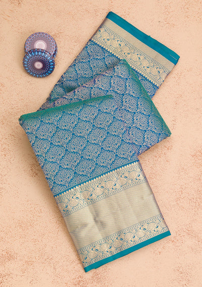 Peacock Blue Zariwork Pure Silk Saree-Koskii