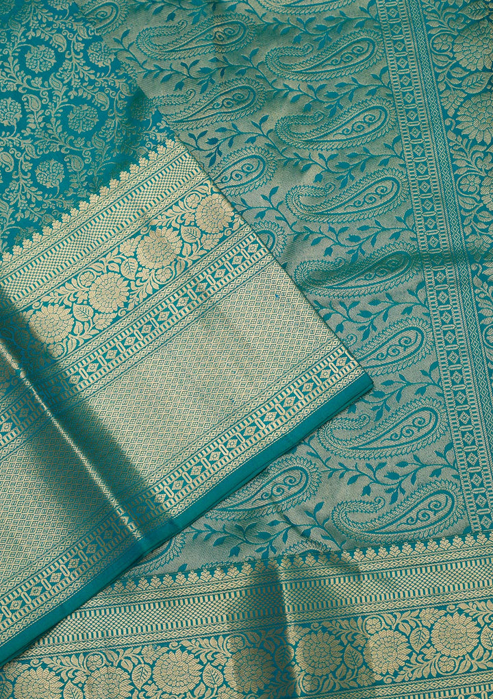 Peacock Blue Zariwork Pure Silk Saree-Koskii