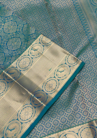 Peacock Blue Zariwork Pure Silk Saree-Koskii