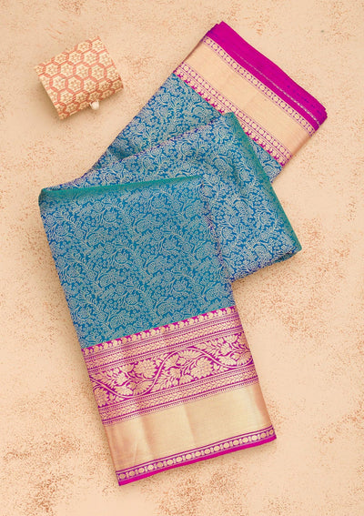 Peacock Blue Zariwork Pure Silk Saree-Koskii