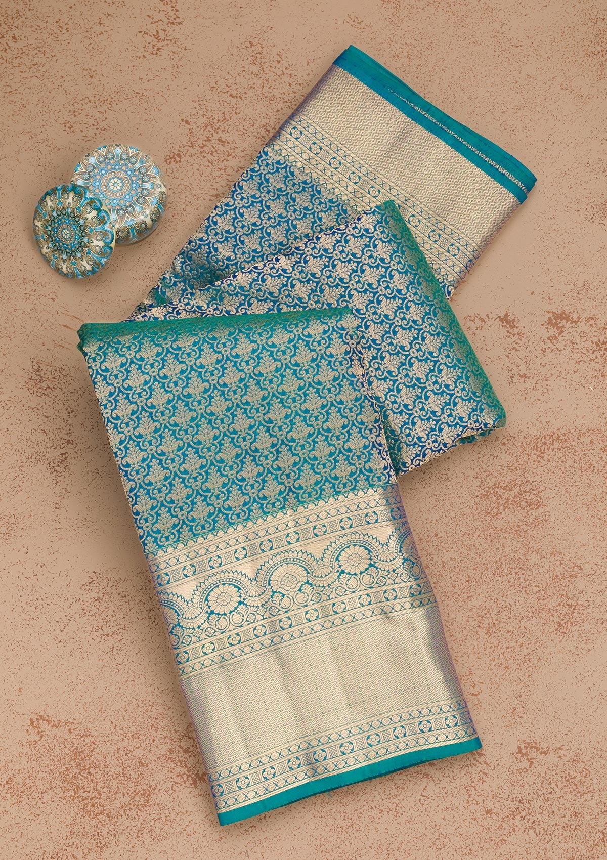 Peacock Blue Zariwork Pure Silk Saree-Koskii