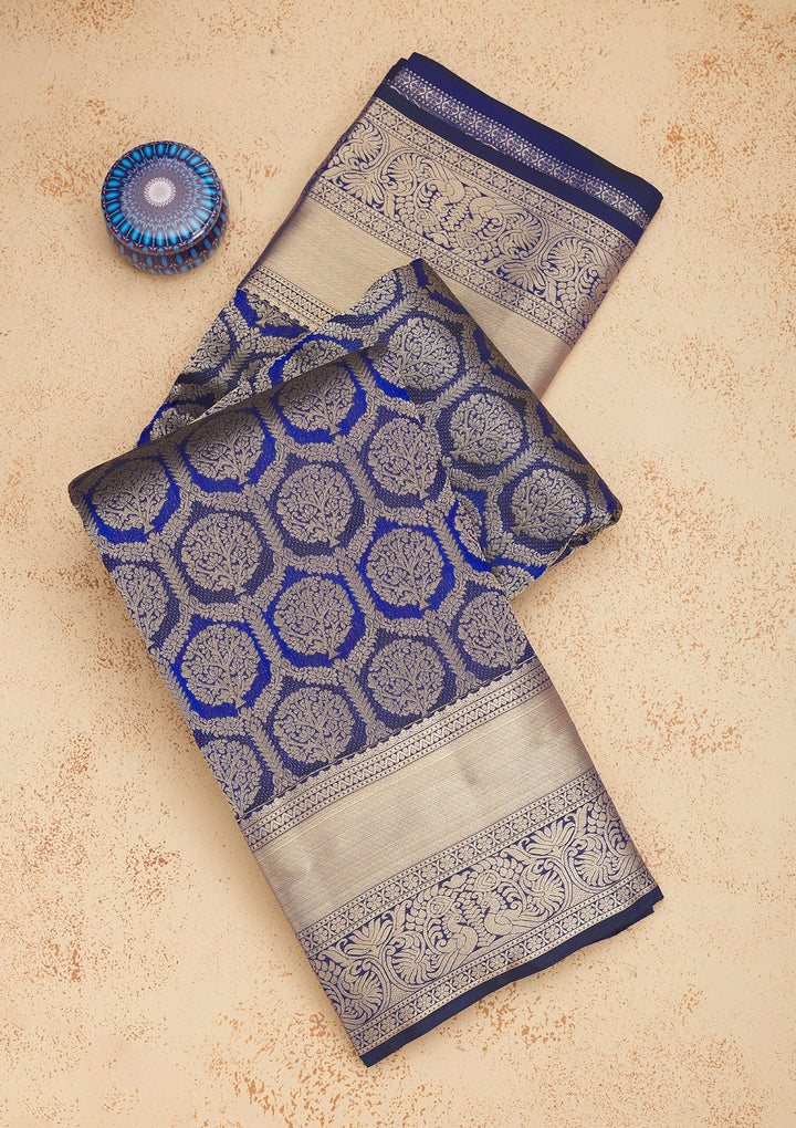 Peacock Blue Zariwork Pure Silk Saree-Koskii