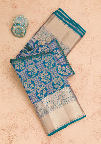 Peacock Blue Zariwork Pure Silk Saree-Koskii