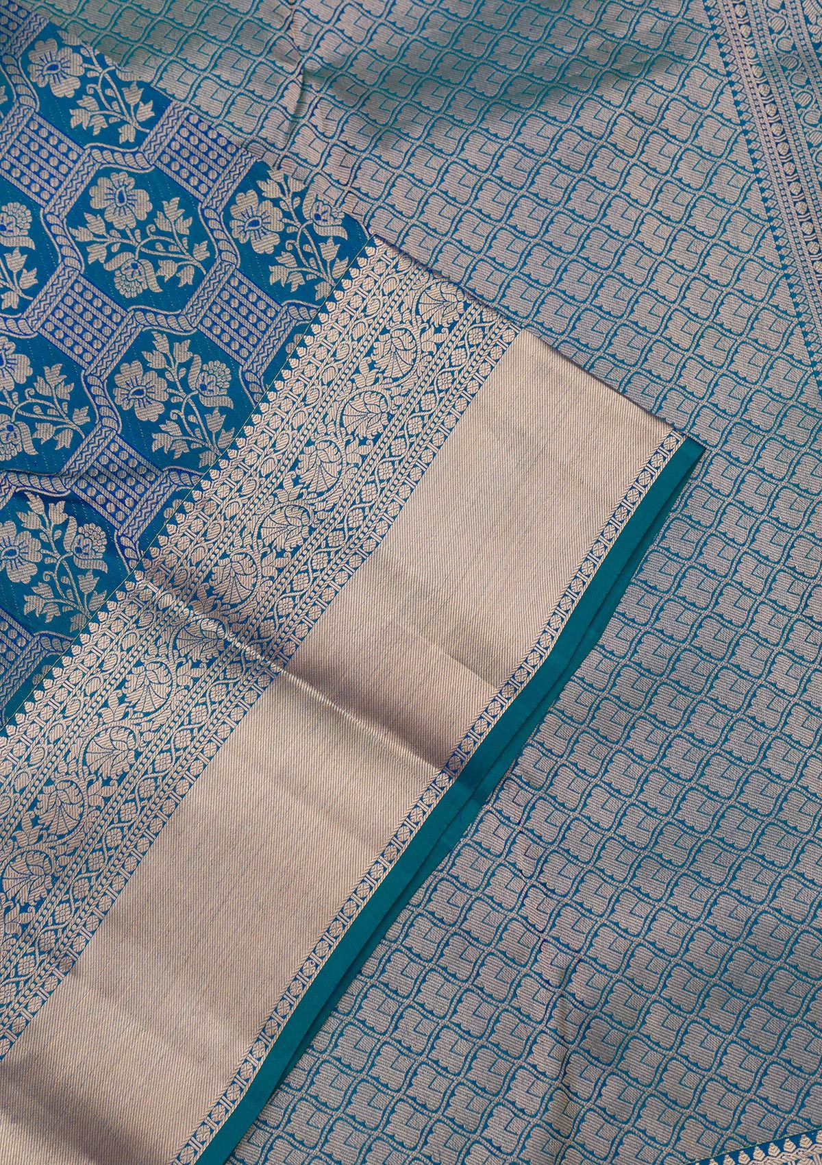 Peacock Blue Zariwork Pure Silk Saree-Koskii