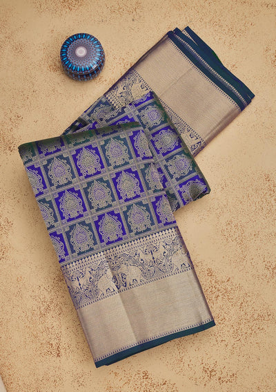 Peacock Blue Zariwork Pure Silk Saree-Koskii