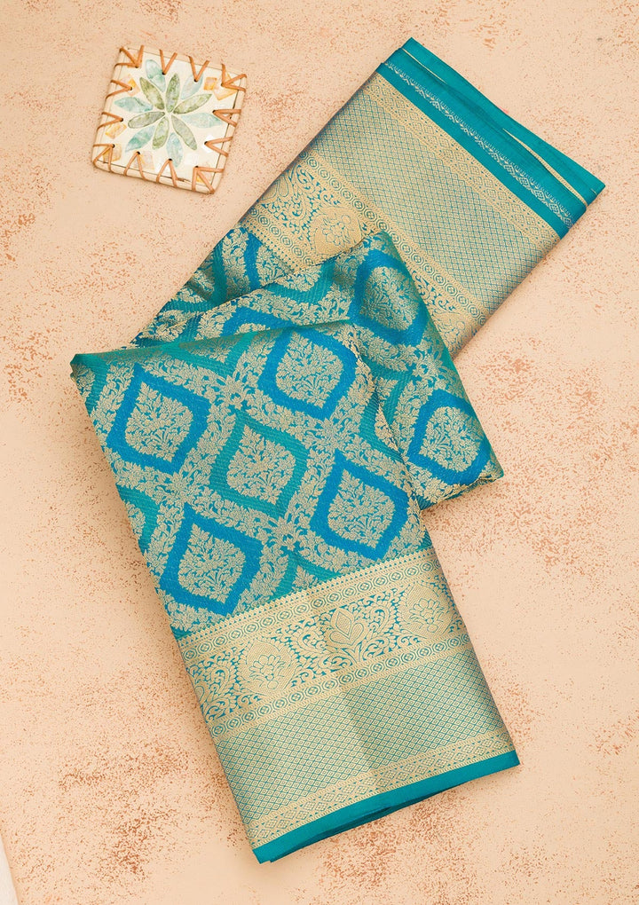 Peacock Blue Zariwork Pure Silk Saree-Koskii