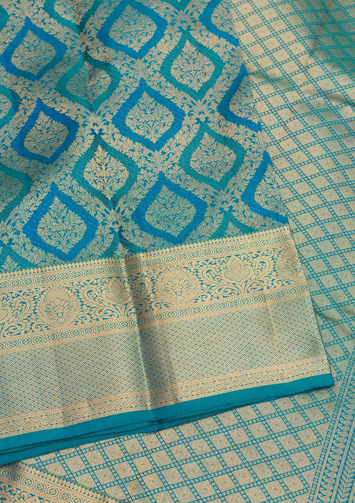 Peacock Blue Zariwork Pure Silk Saree-Koskii