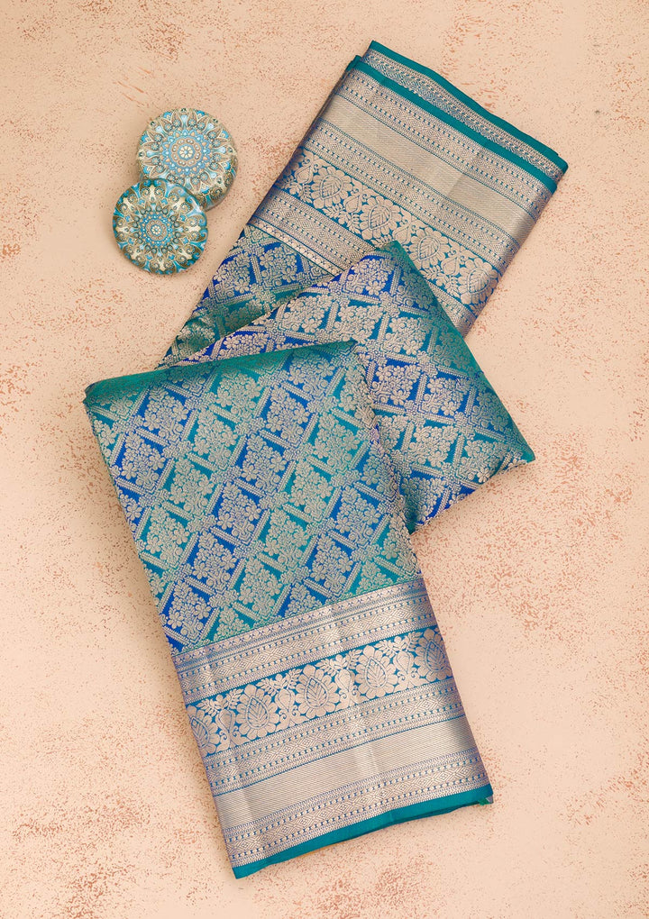 Peacock Blue Zariwork Pure Silk Saree-Koskii