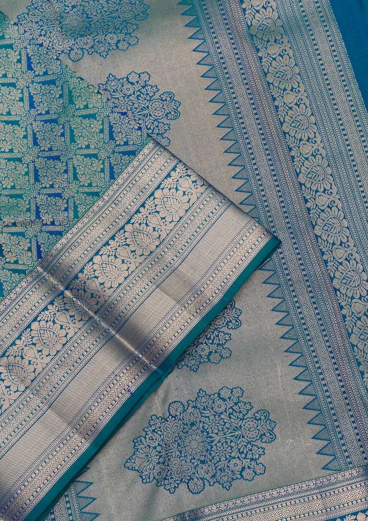 Peacock Blue Zariwork Pure Silk Saree-Koskii