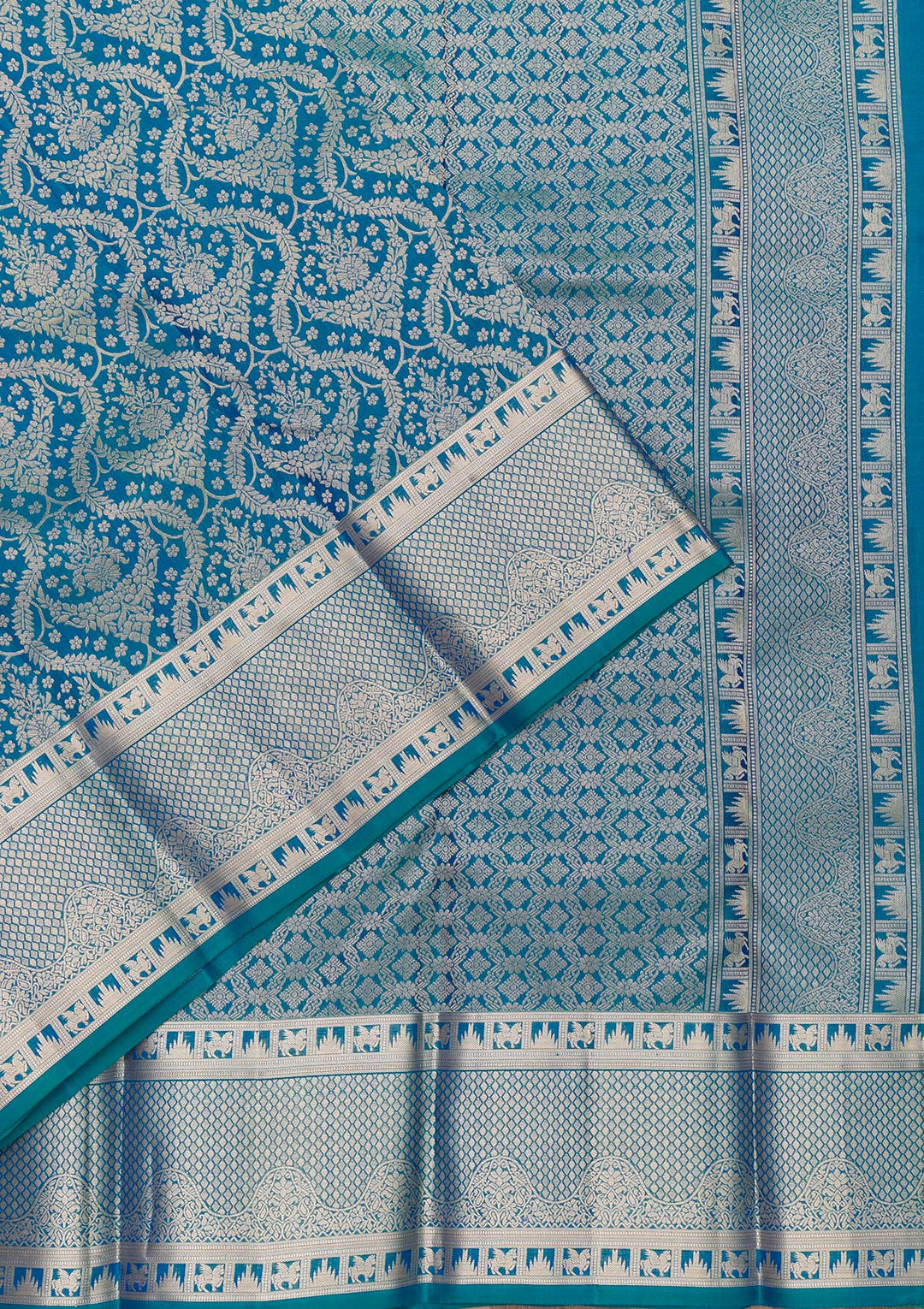 Peacock Blue Zariwork Pure Silk Saree-Koskii