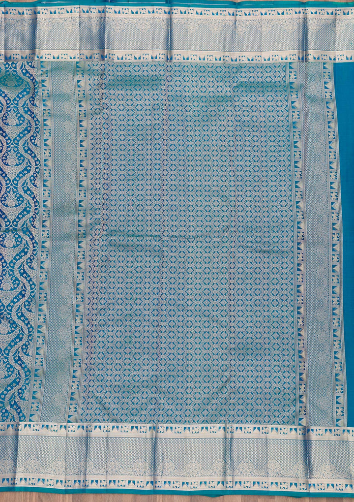 Peacock Blue Zariwork Pure Silk Saree-Koskii