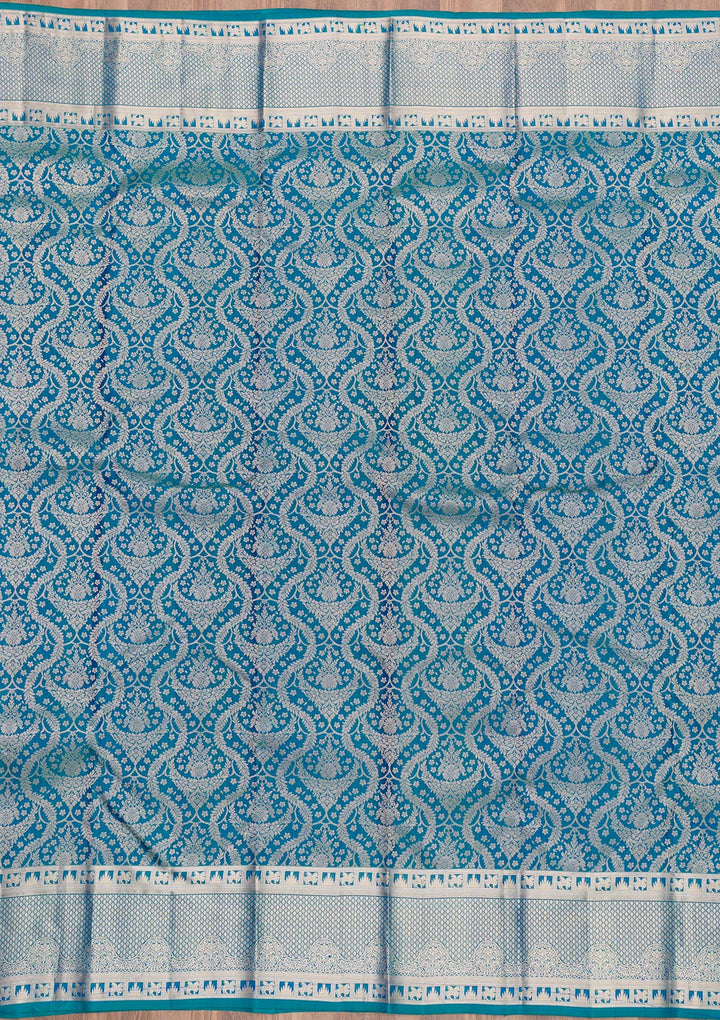 Peacock Blue Zariwork Pure Silk Saree-Koskii