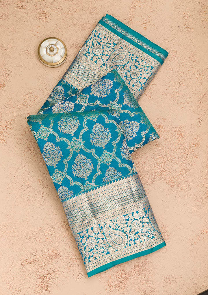 Peacock Blue Zariwork Pure Silk Saree-Koskii