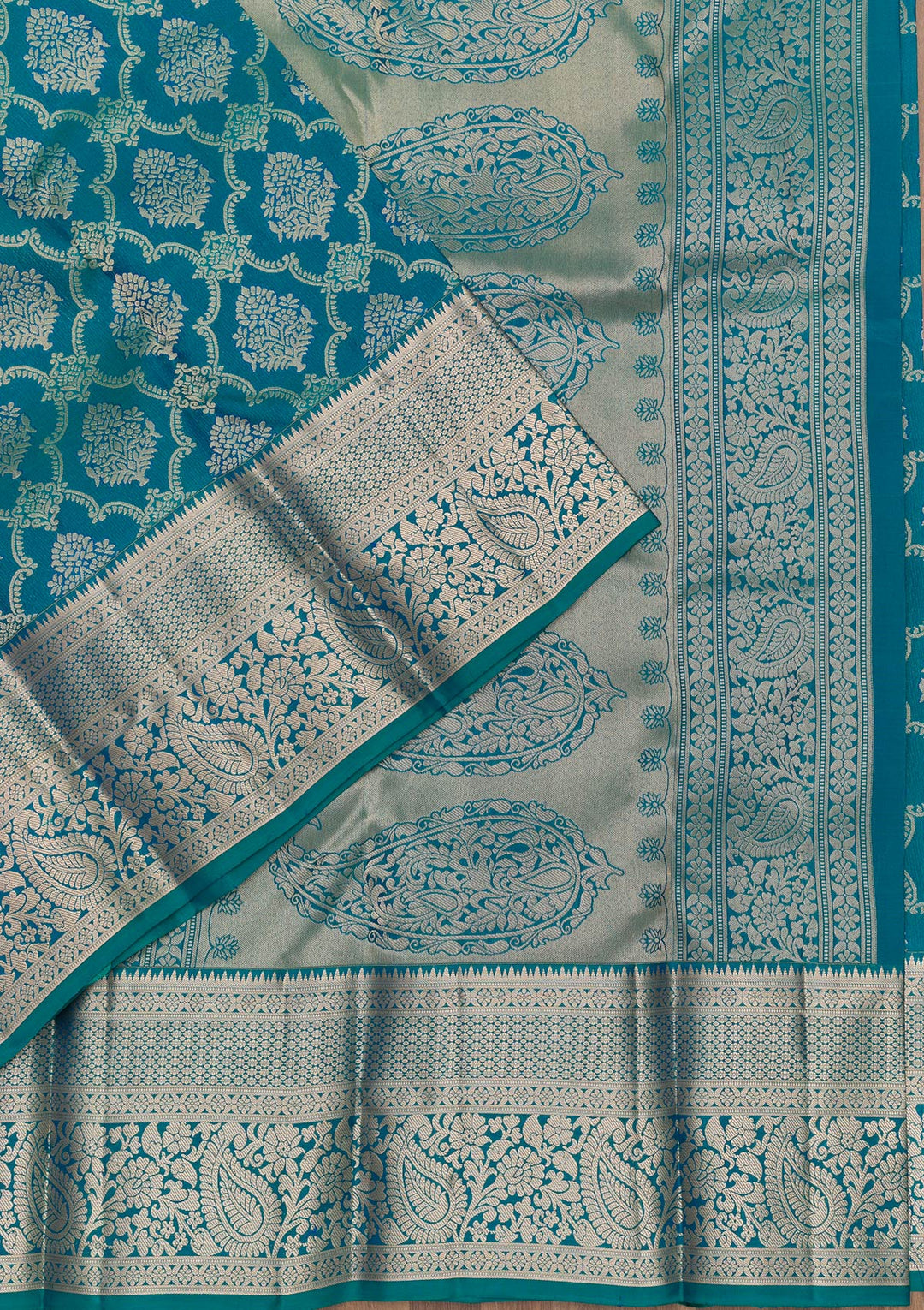 Peacock Blue Zariwork Pure Silk Saree-Koskii