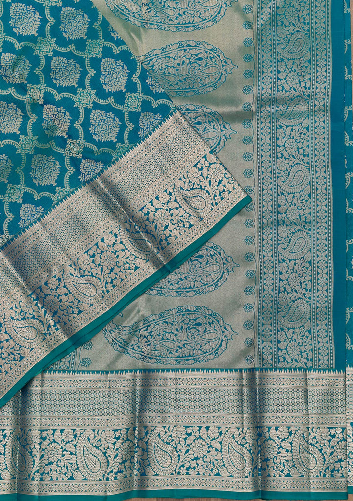 Peacock Blue Zariwork Pure Silk Saree-Koskii