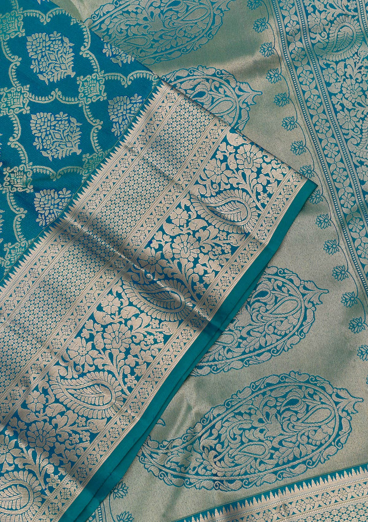 Peacock Blue Zariwork Pure Silk Saree-Koskii