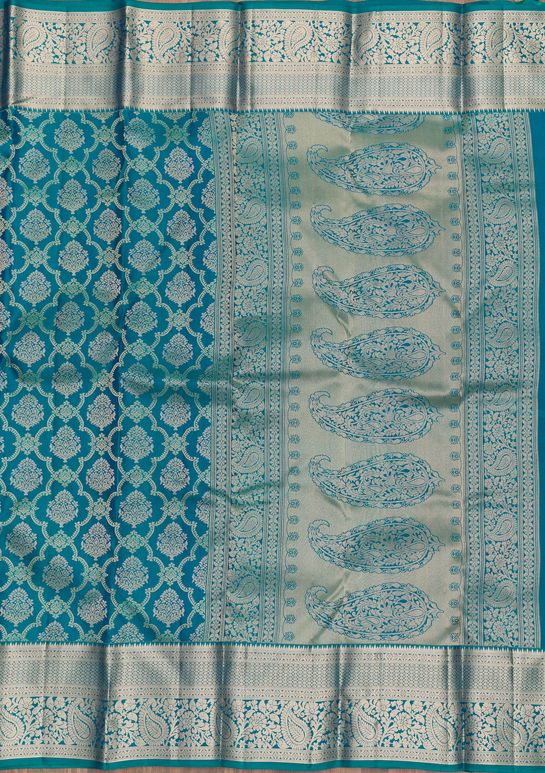 Peacock Blue Zariwork Pure Silk Saree-Koskii