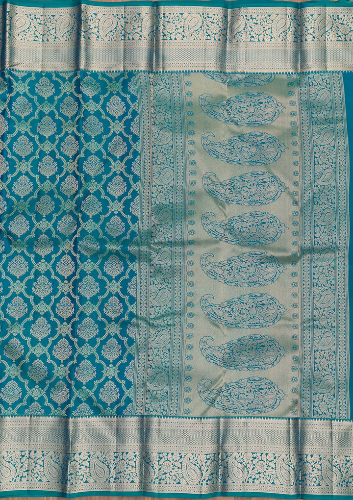 Peacock Blue Zariwork Pure Silk Saree-Koskii