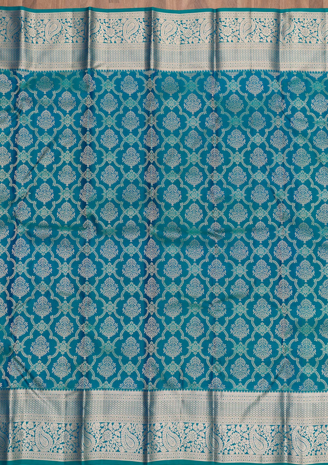 Peacock Blue Zariwork Pure Silk Saree-Koskii