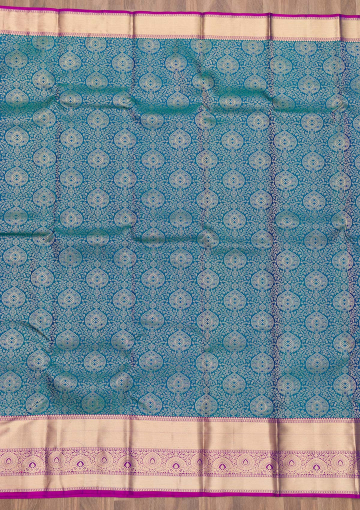 Peacock Blue Zariwork Pure Silk Saree-Koskii