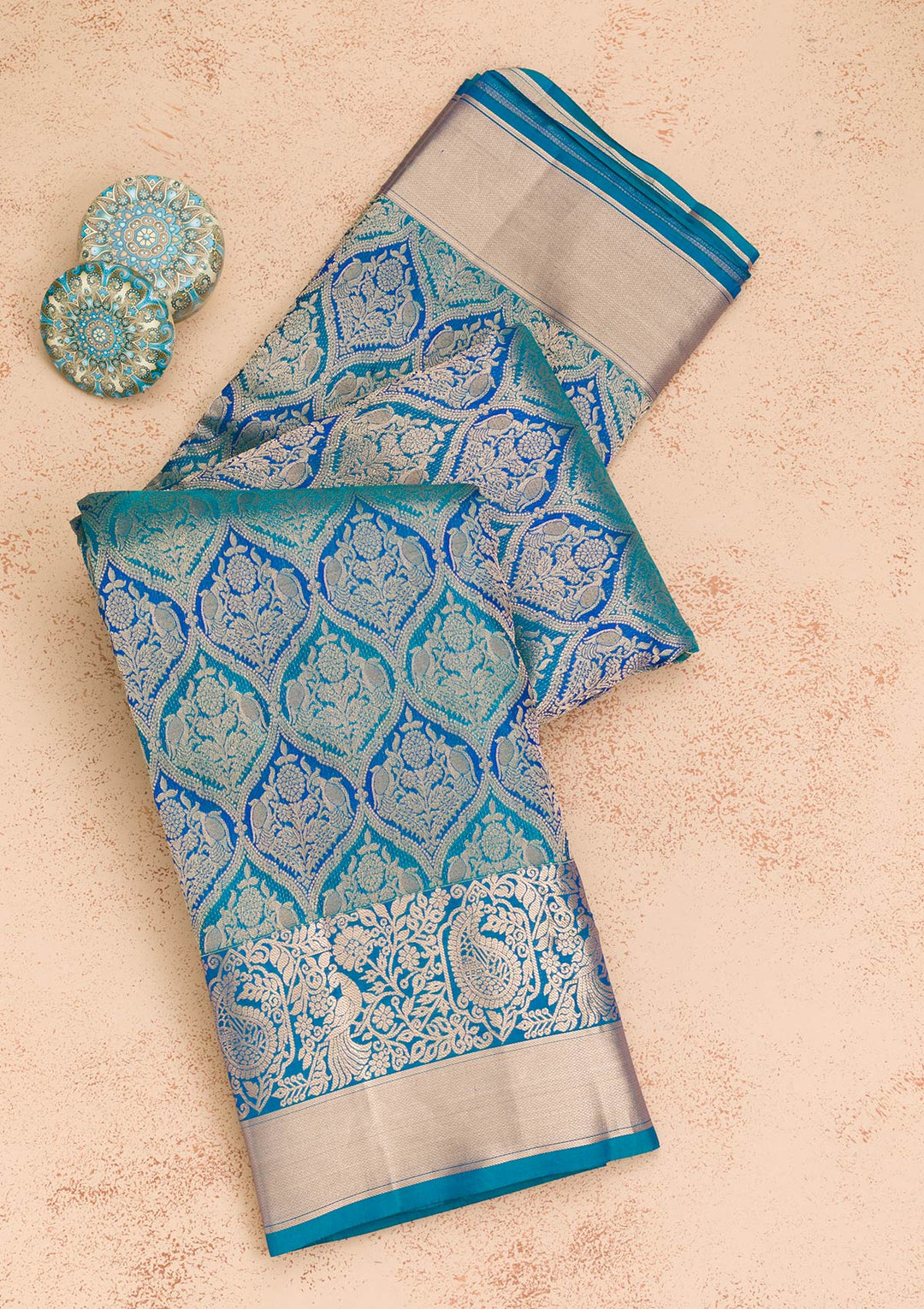 Peacock Blue Zariwork Pure Silk Saree-Koskii