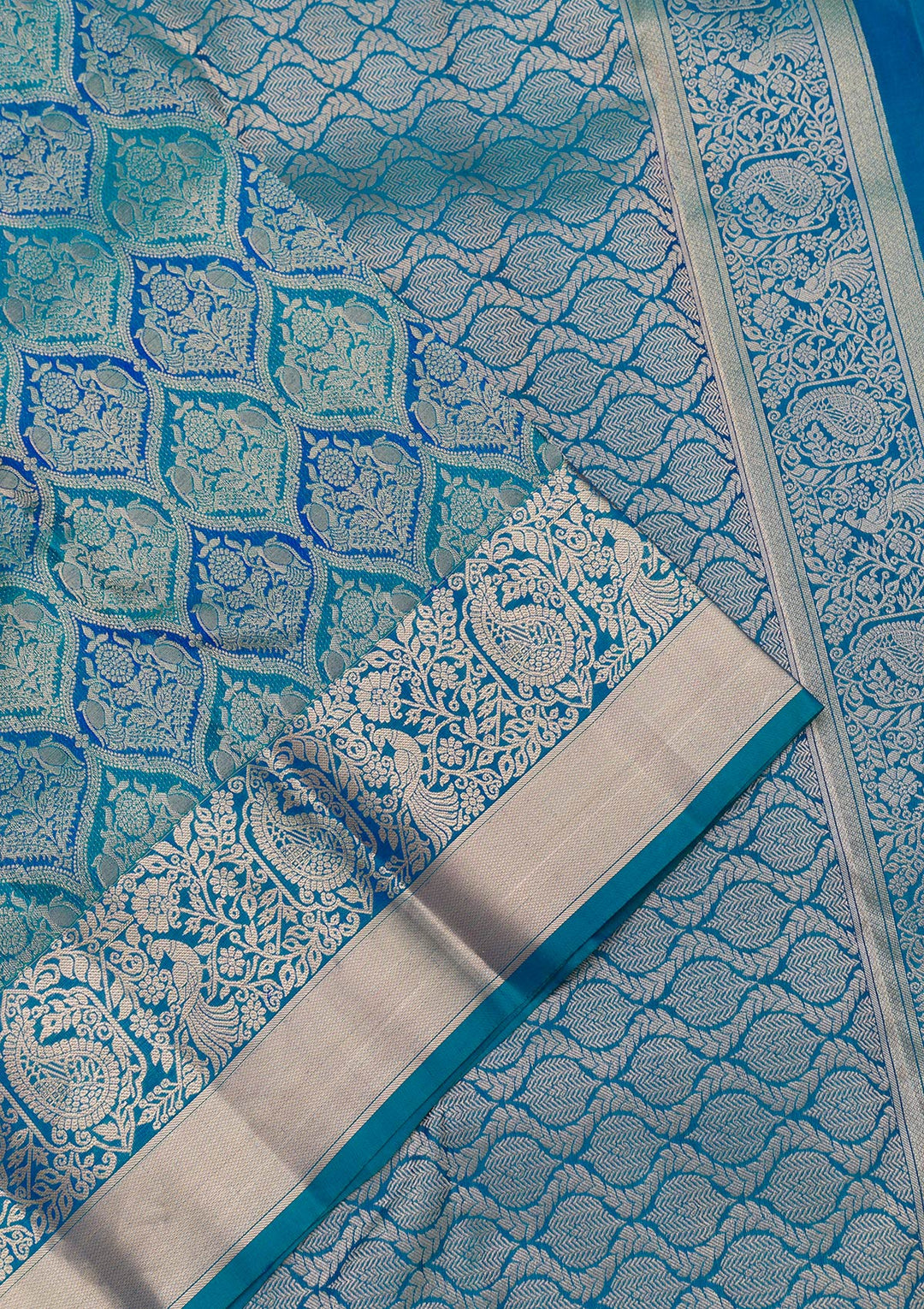 Peacock Blue Zariwork Pure Silk Saree-Koskii