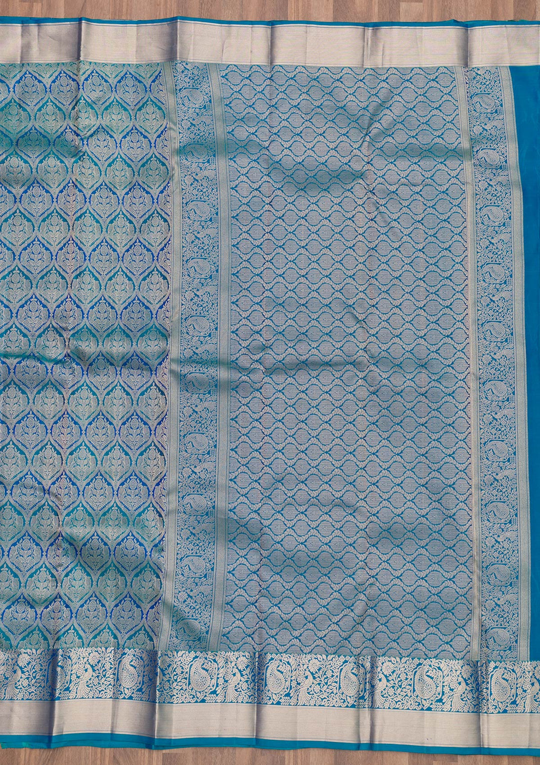 Peacock Blue Zariwork Pure Silk Saree-Koskii